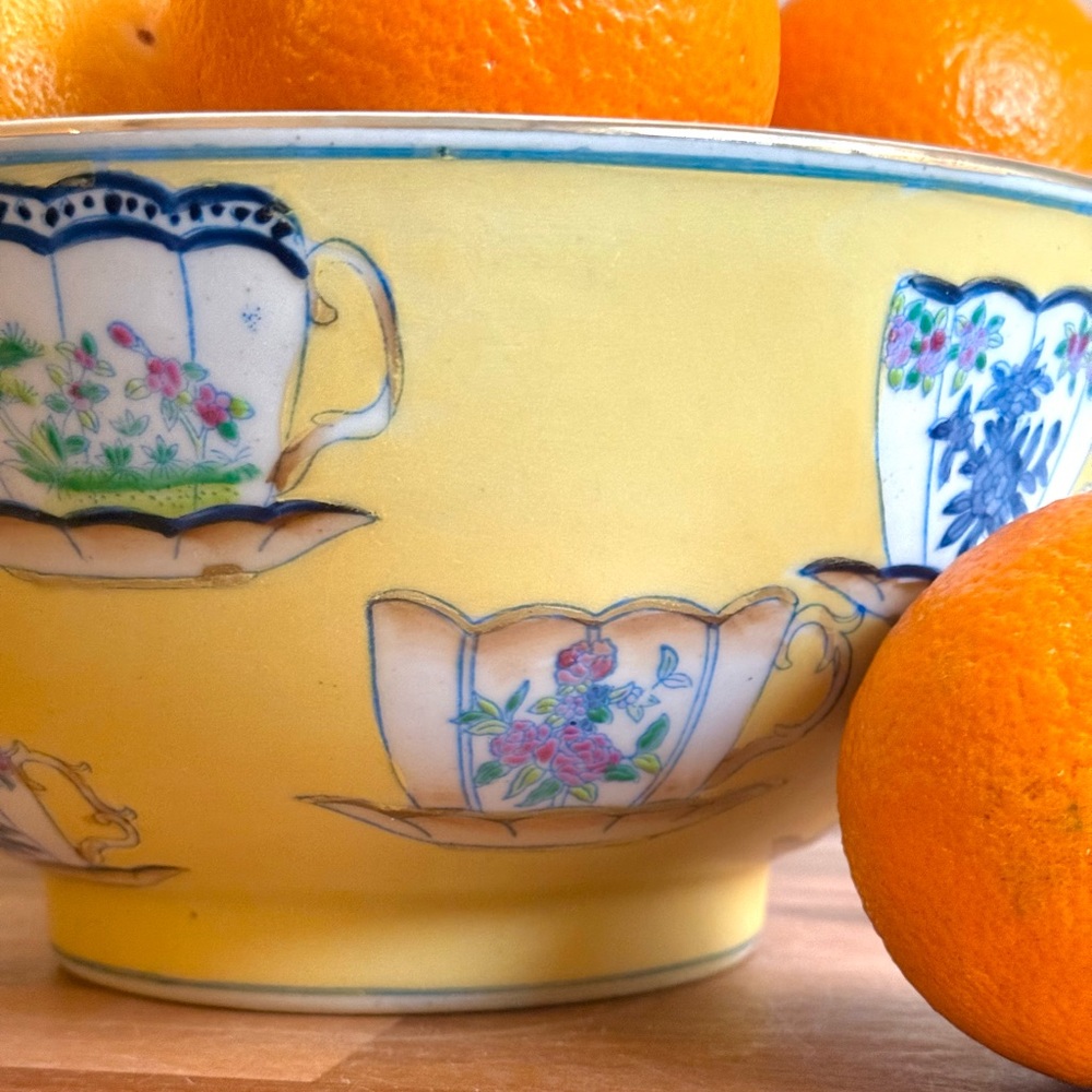 Vintage Chinese Pale Yellow Hand Painted Teacup Bowl, 10” - Picture 10 of 10